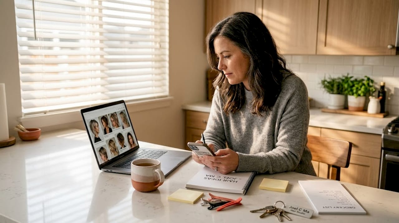 Woman preparing hairstyle notes at home