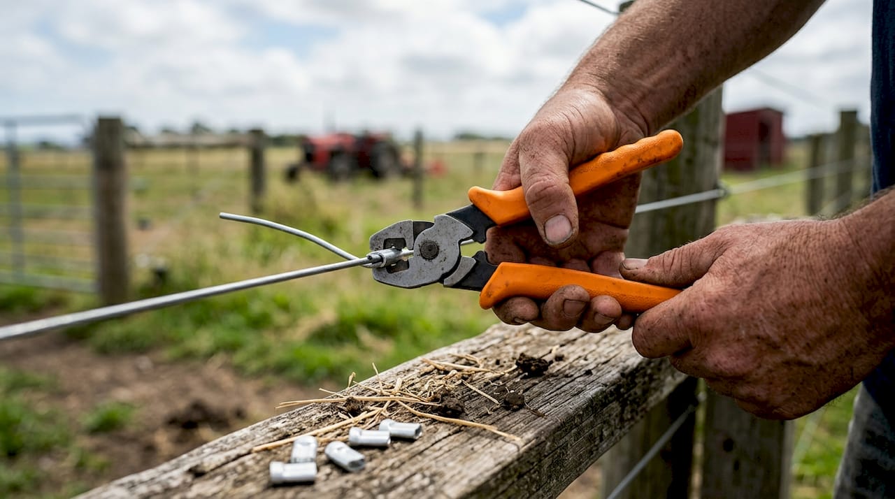 Hands using crimp tool on farm wire