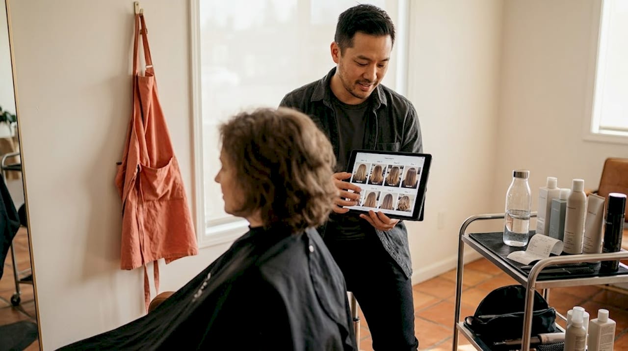 Stylist reviewing client hair progress photos