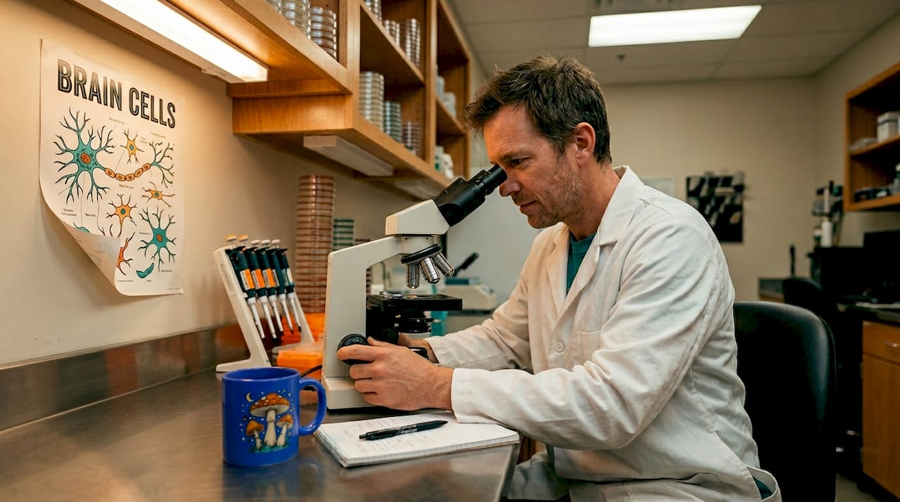 Lab technician analyzing neural slide for neuroplasticity research