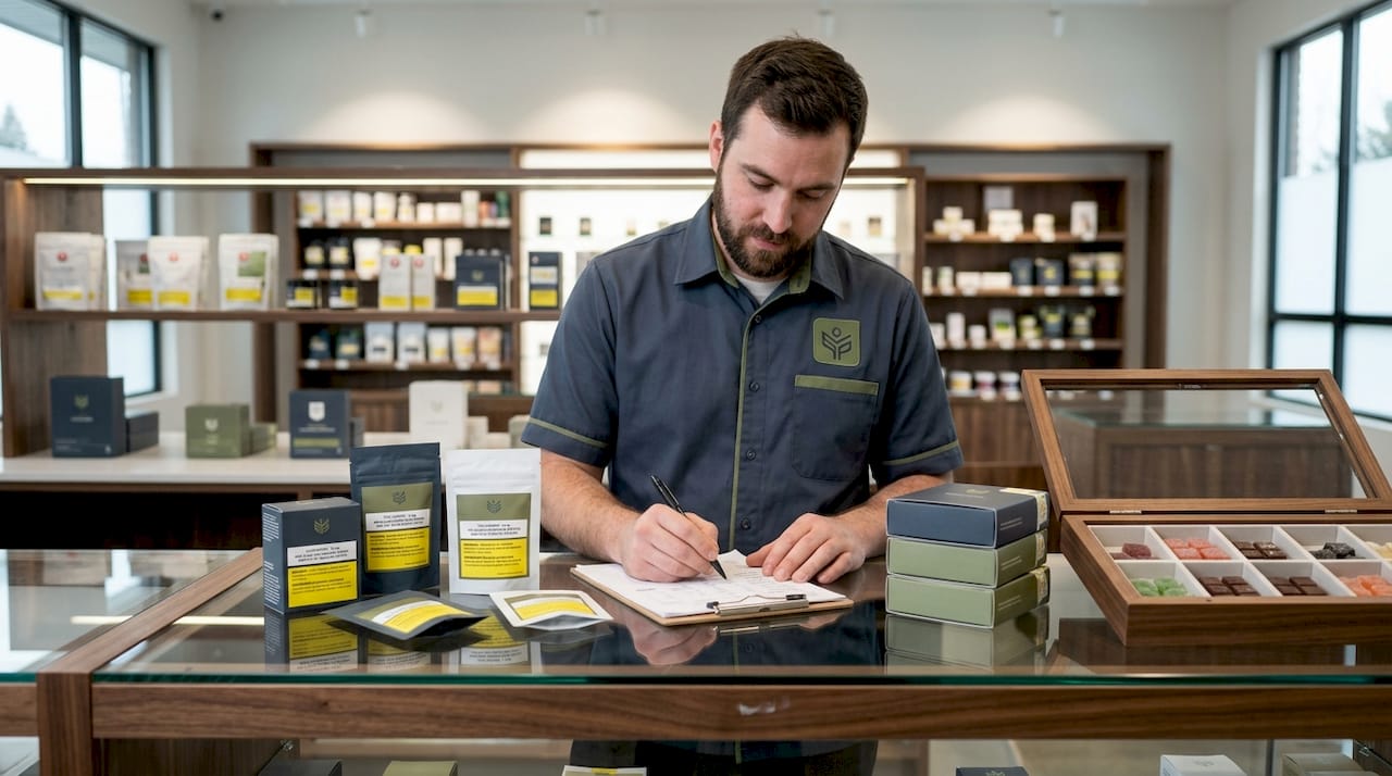 Staff reviewing cannabis edible packages in a dispensary