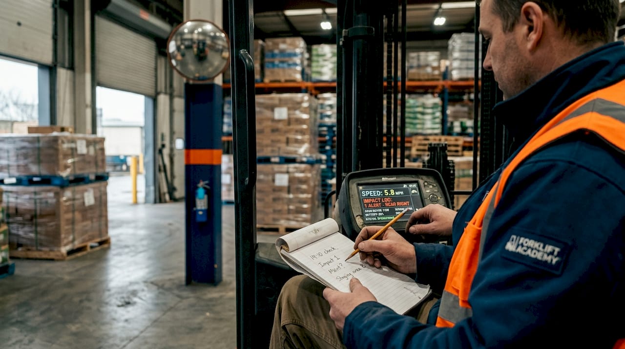 Operator reviewing forklift telematics screen in warehouse
