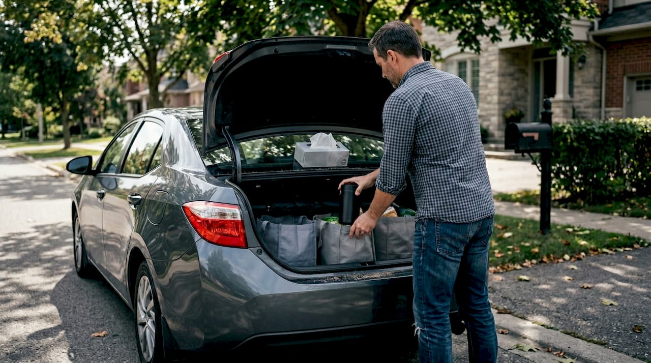 Man packing trunk with cannabis container