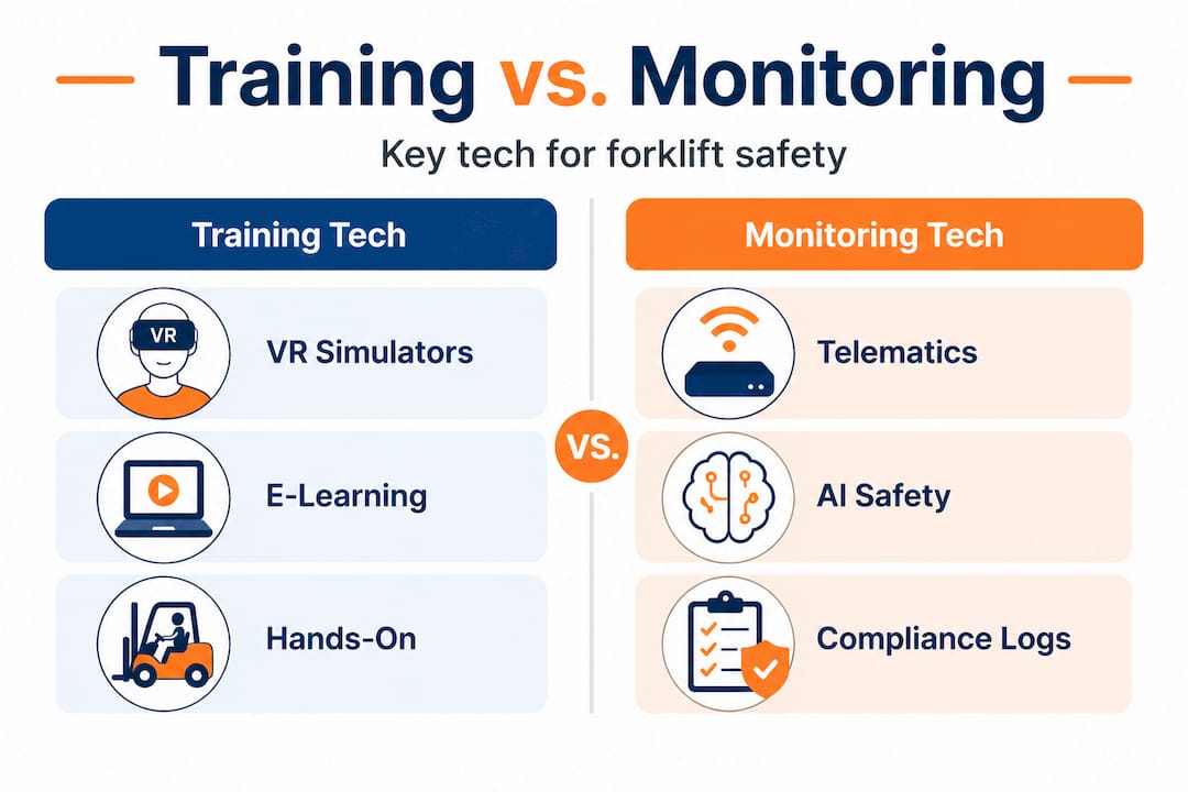 Infographic comparing training and monitoring forklift tech