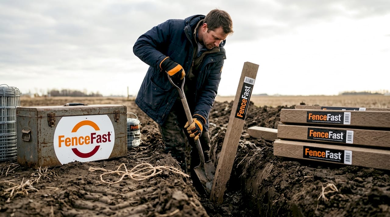 Worker installing composite farm fence post