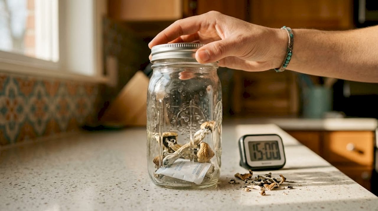 Mason jar storing dried mushrooms correctly