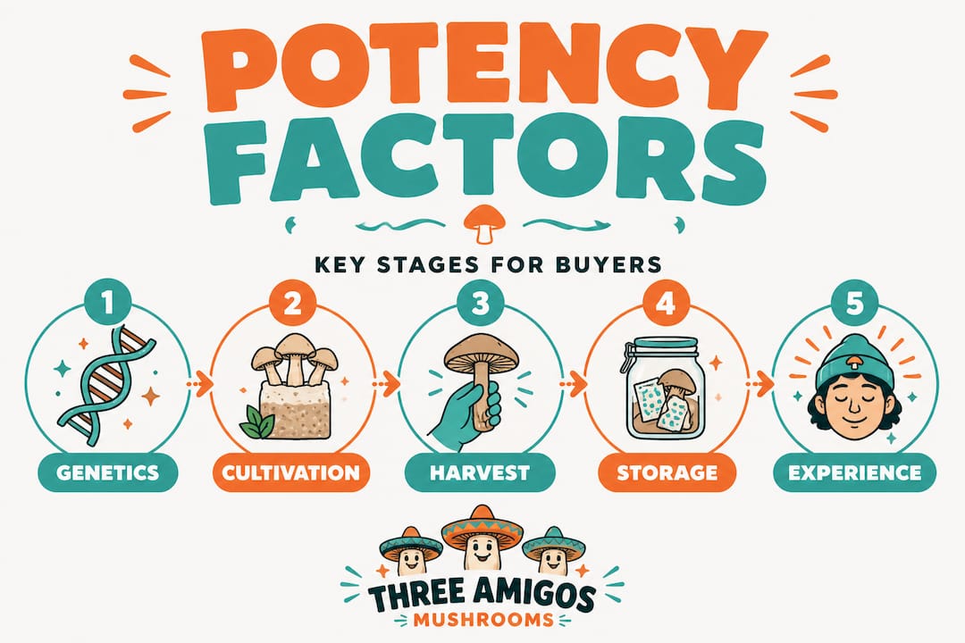 Vertical flow infographic of psilocybin potency factors
