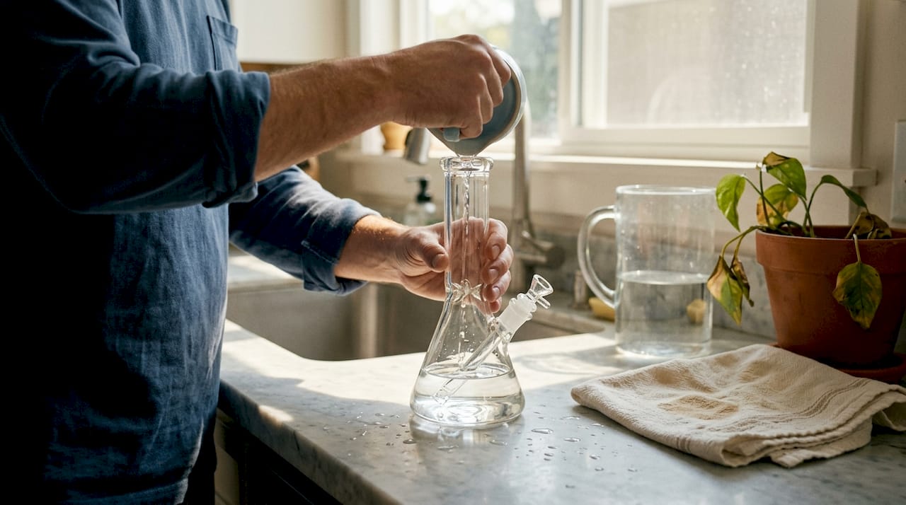 Hands filling glass bong with fresh water