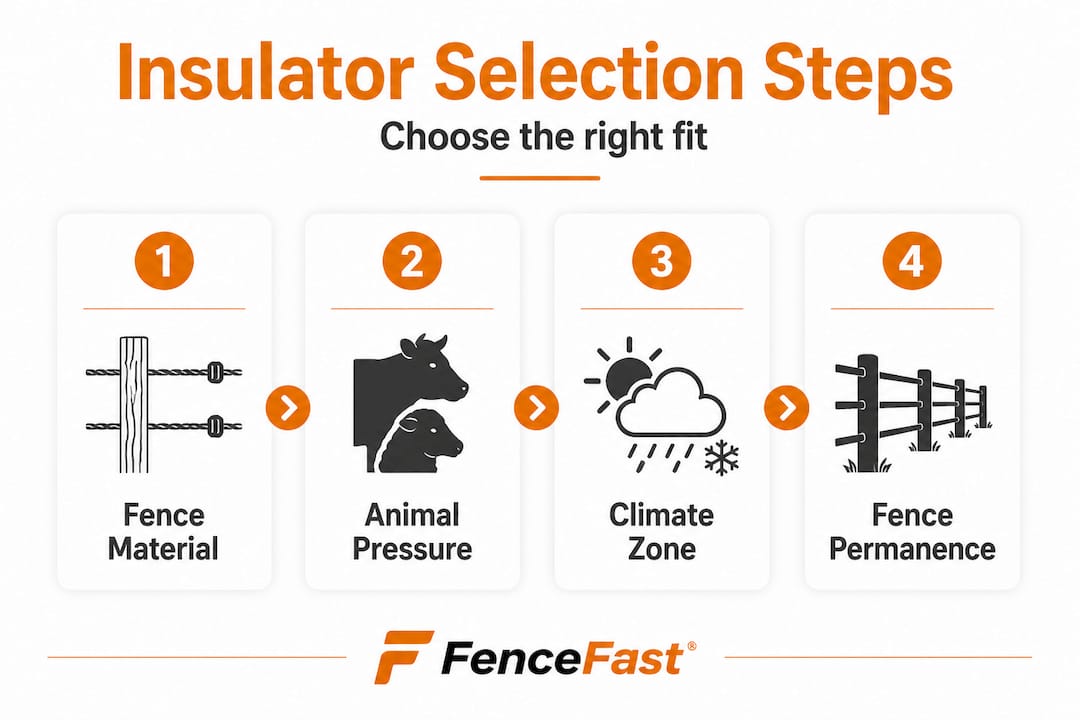 Infographic showing steps for choosing fence insulator