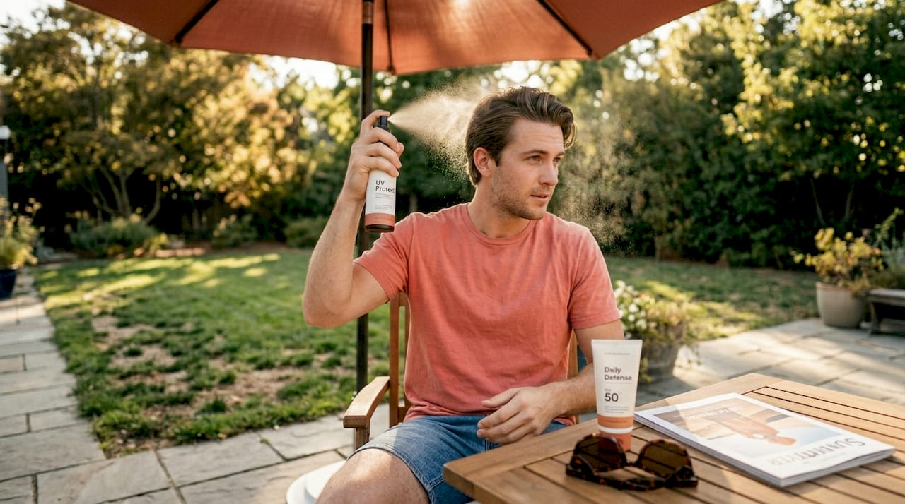 Man applying UV hair mist outdoors