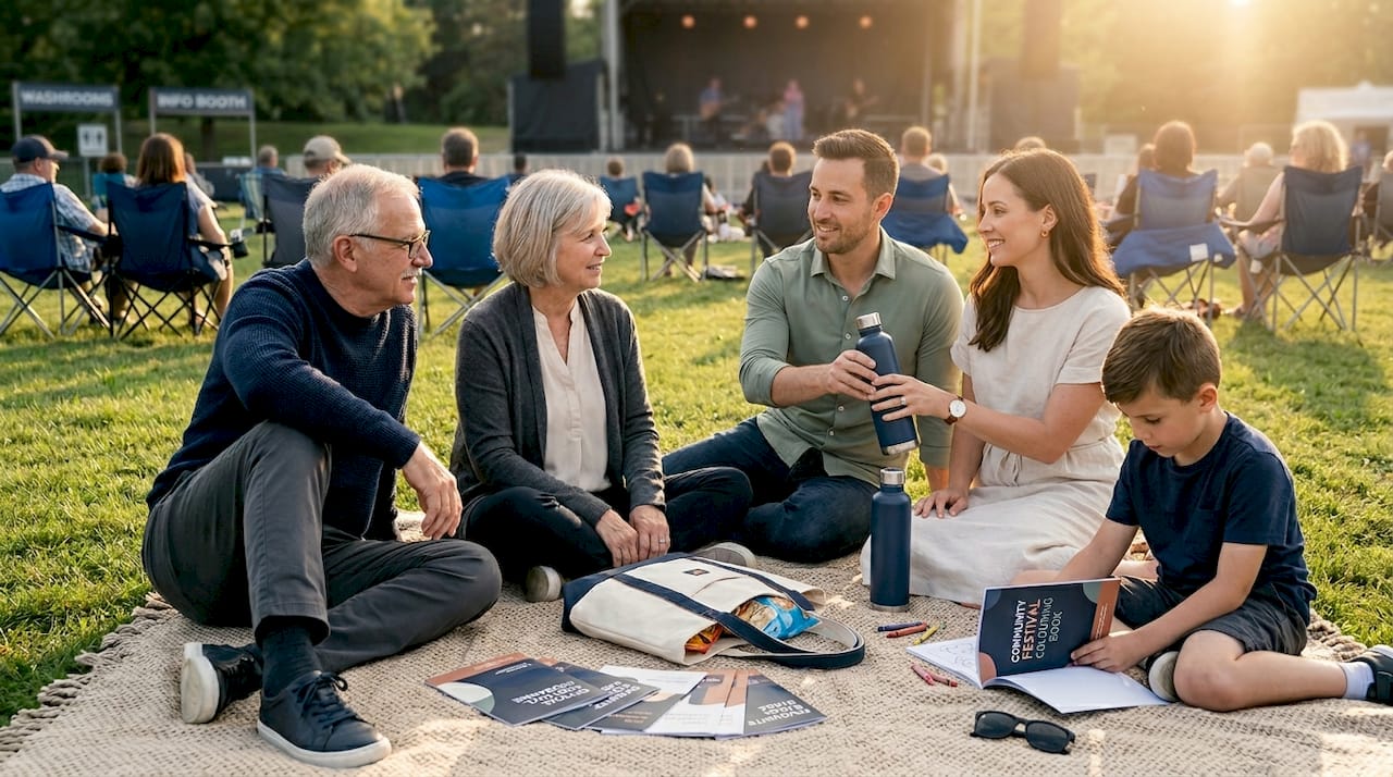 Multi-generational family relaxing at festival lawn