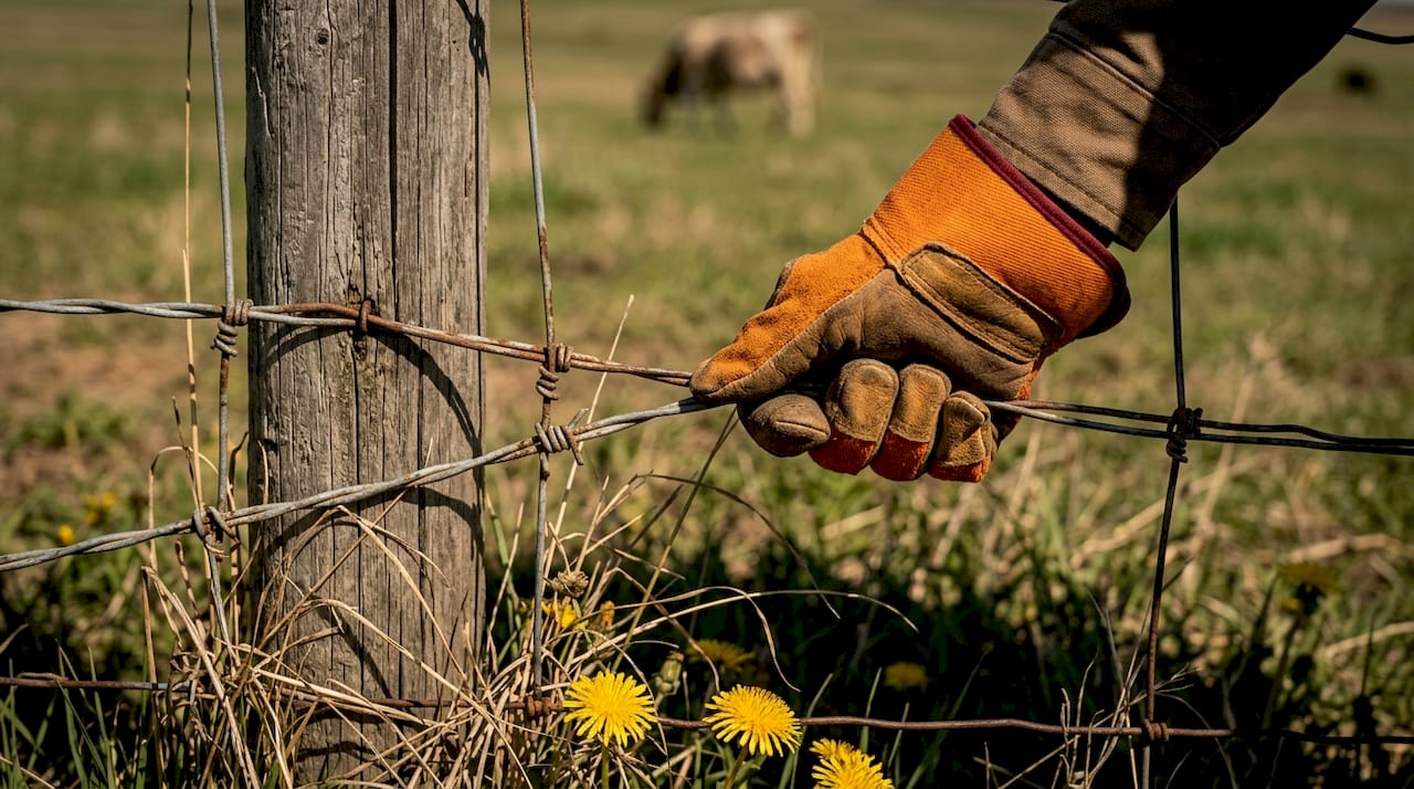 Checking tension on livestock wire fence
