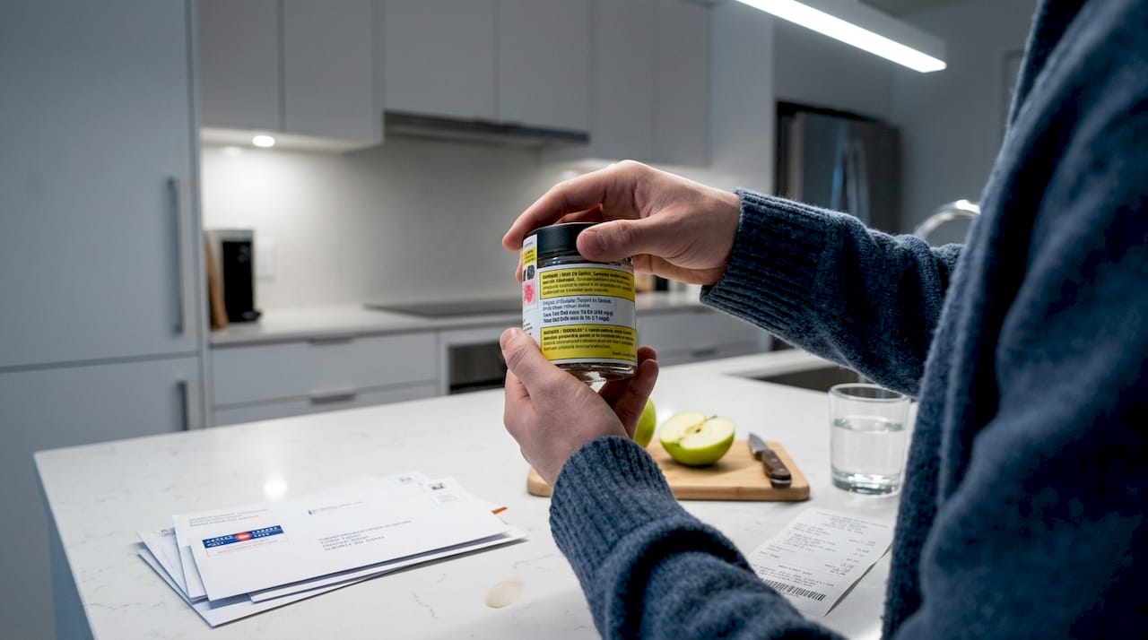 Person checking THC label on cannabis product