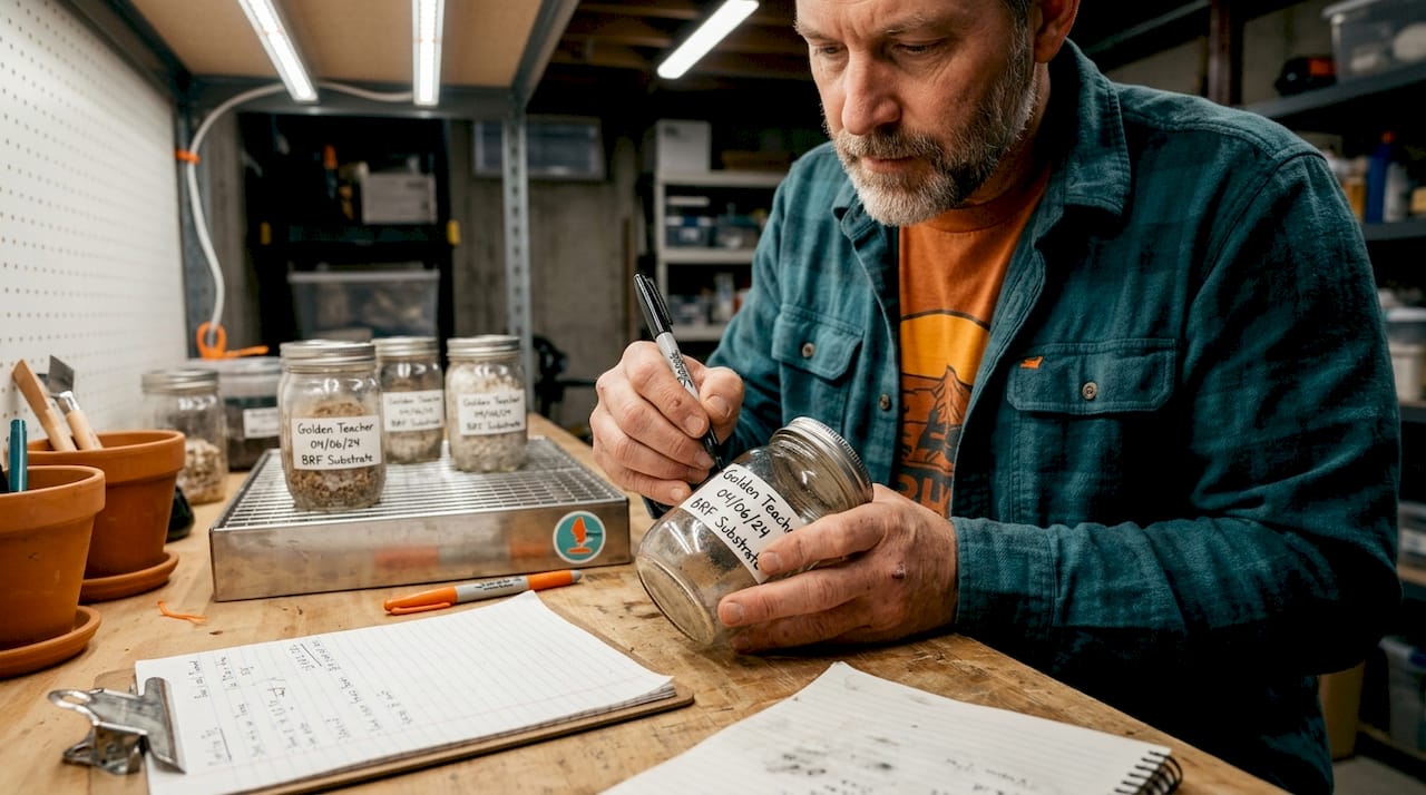 Hands labeling mushroom grow jars