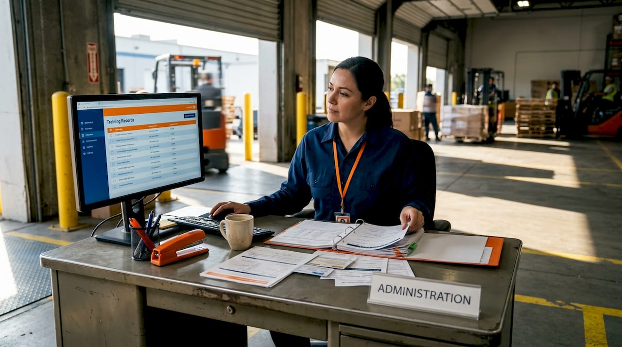 Administrator organizing forklift safety documentation