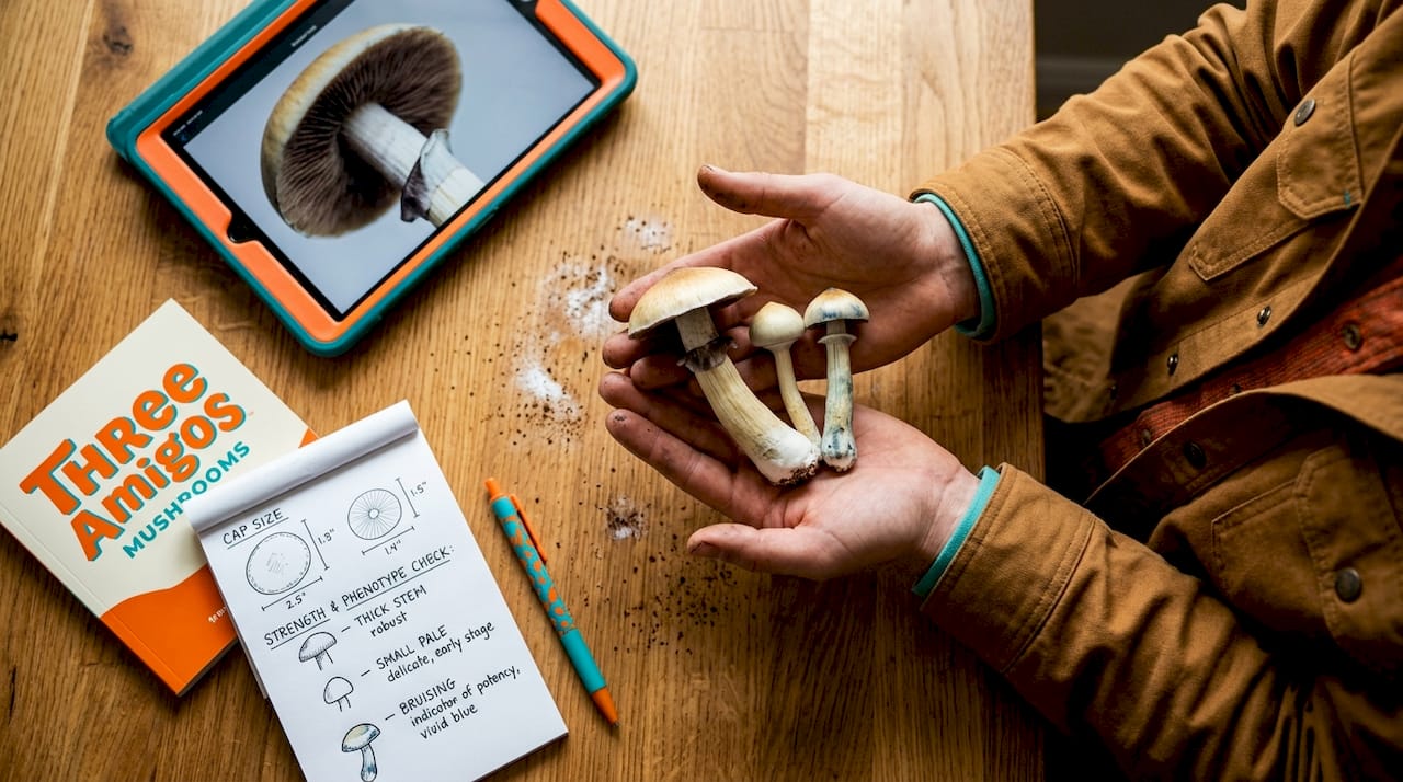 Hands comparing mushroom shapes and traits