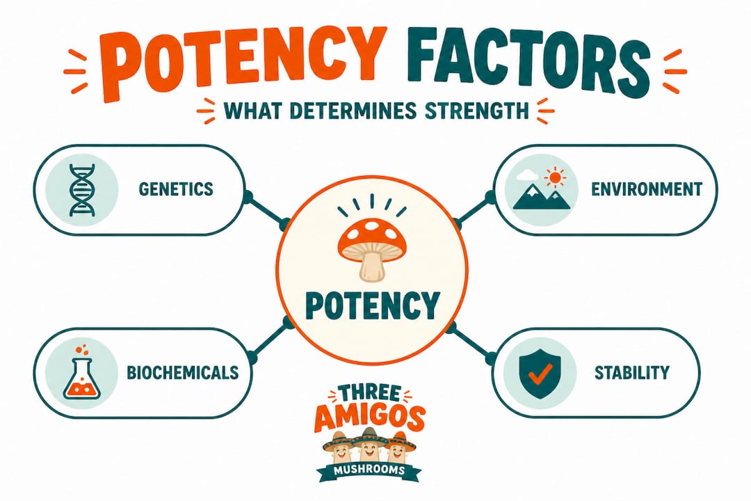 Hierarchy infographic showing main mushroom potency factors