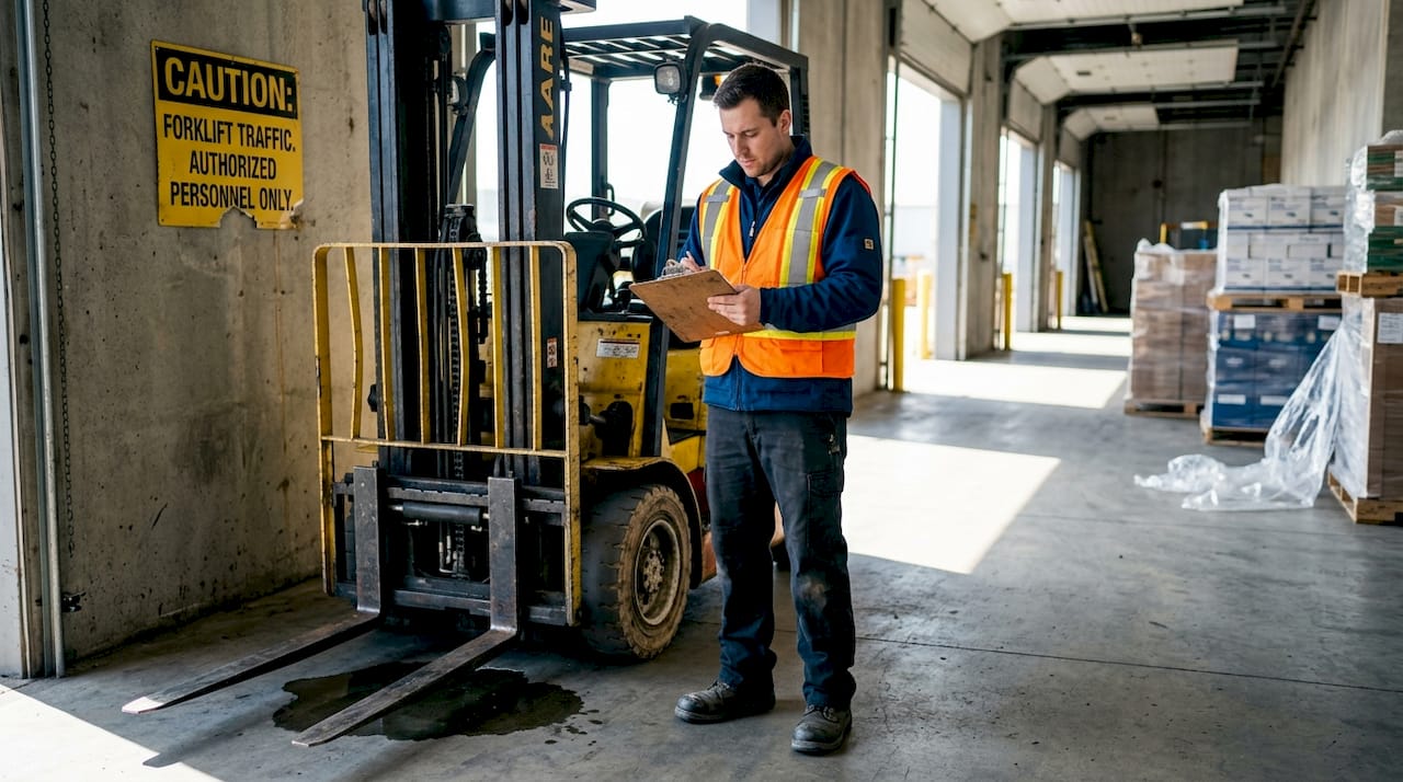 Forklift operator conducting daily inspection checklist