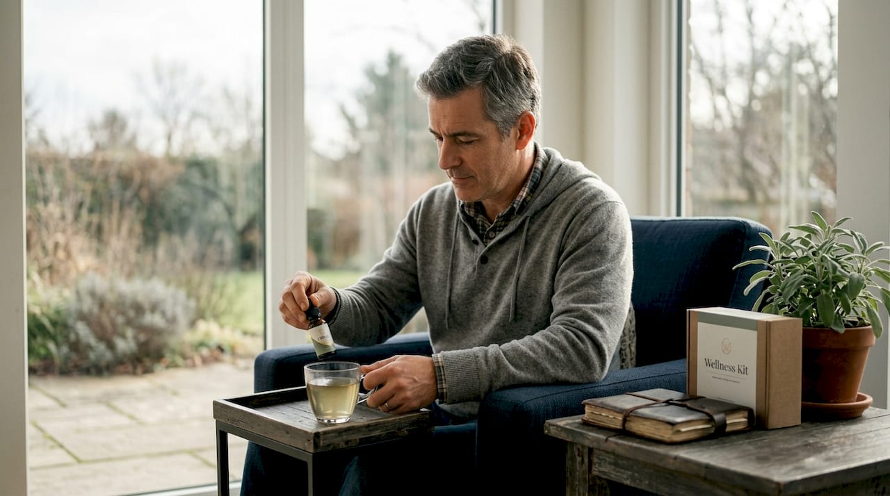 Man adds CBD oil to tea in living room