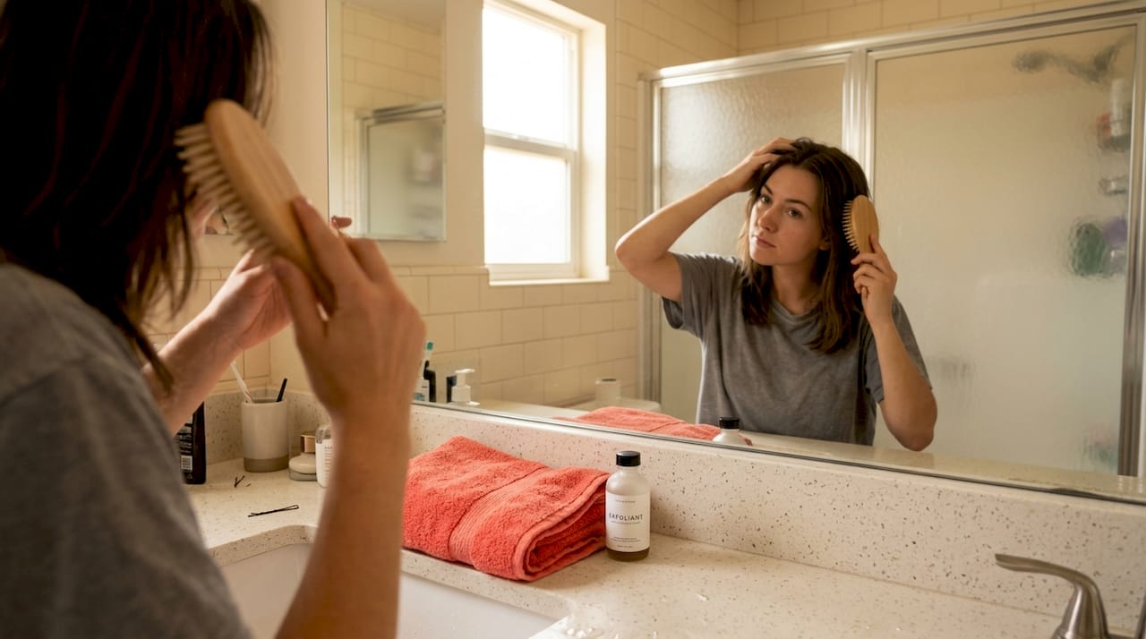 Woman exfoliating scalp in home bathroom