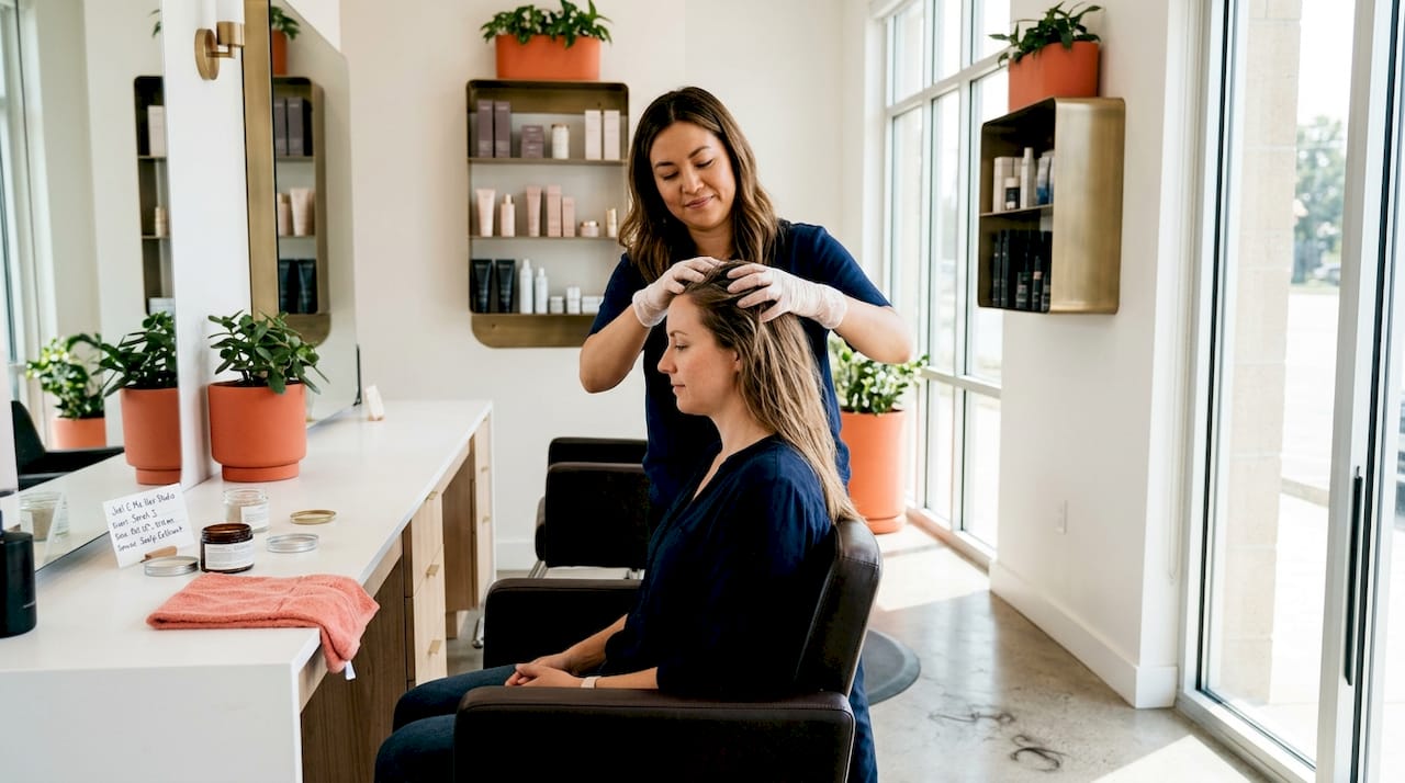 Client receiving scalp exfoliation in salon