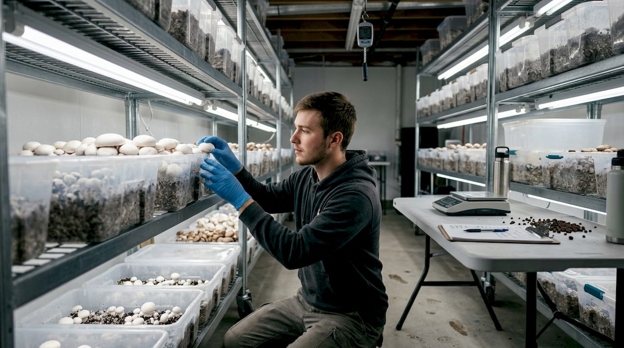 Worker checking mushrooms in clean cultivation room