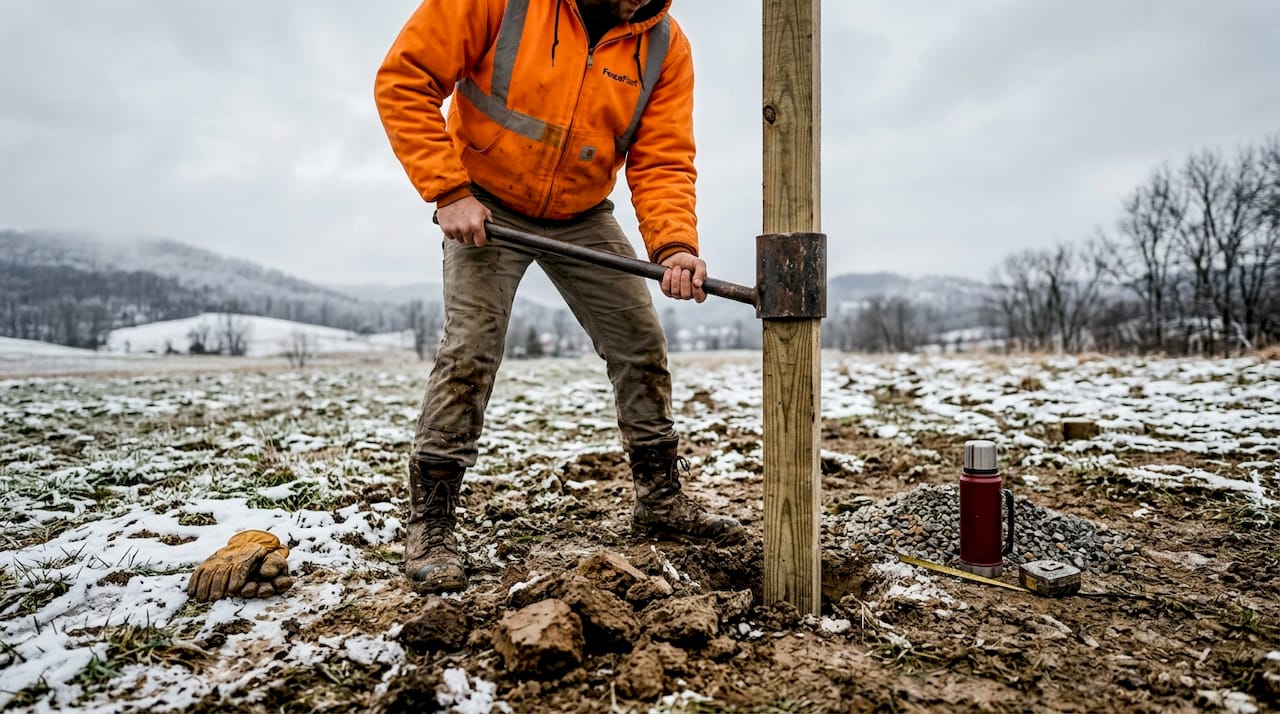 Setting fence post in frosty rural field