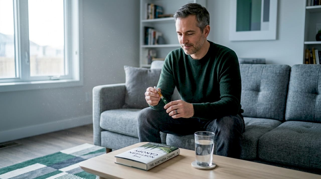 Man using cannabis vape in living room
