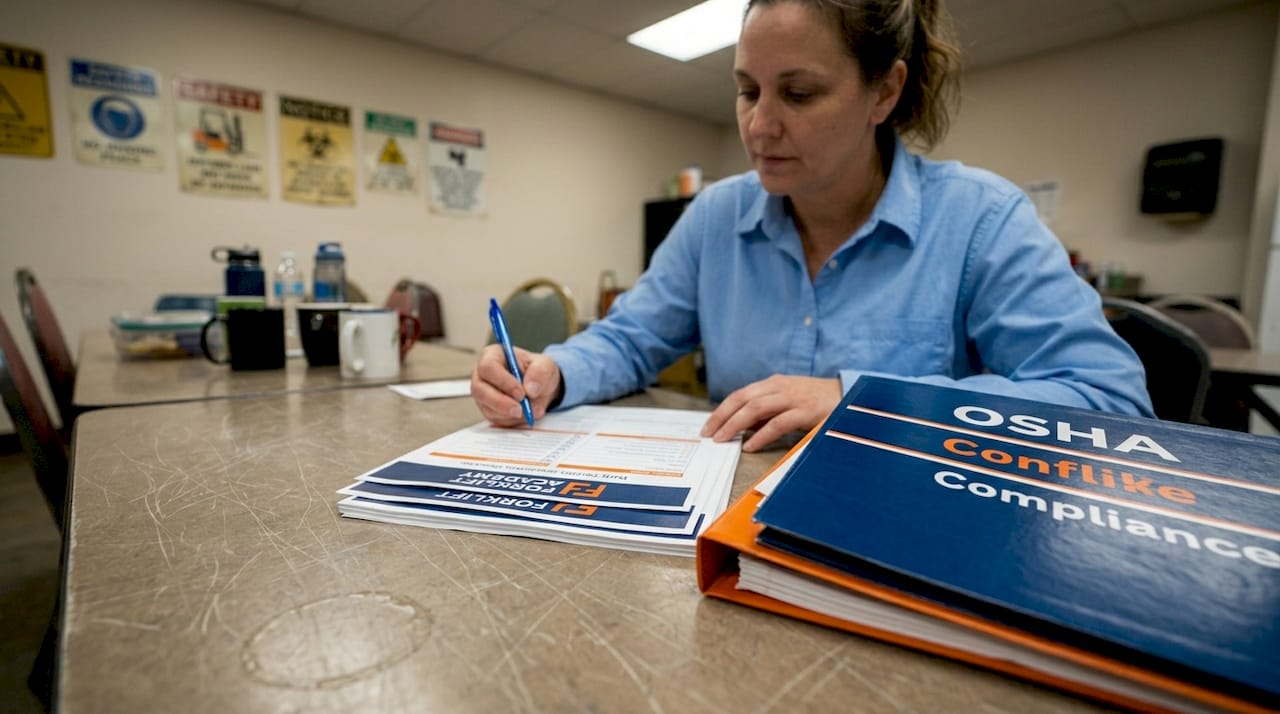 Supervisor reviewing forklift inspection checklists
