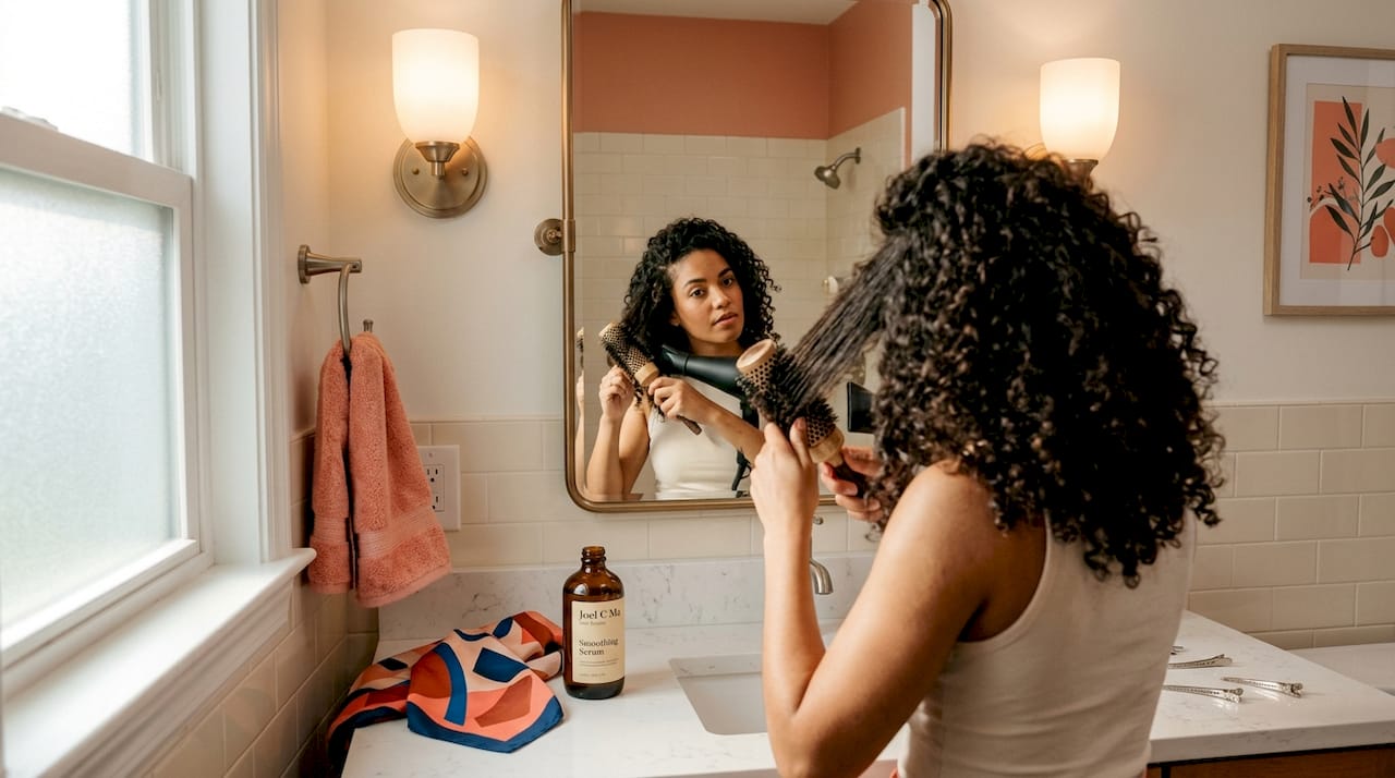Woman doing blowout at home bathroom