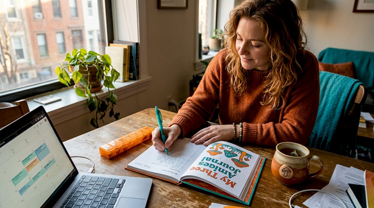 Woman journaling supplement schedule at table