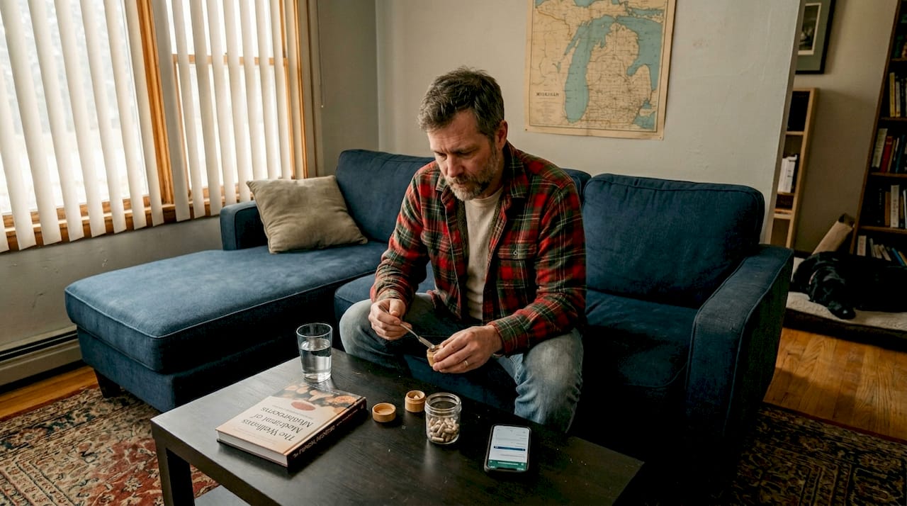 Man prepping mushroom capsules for wellness
