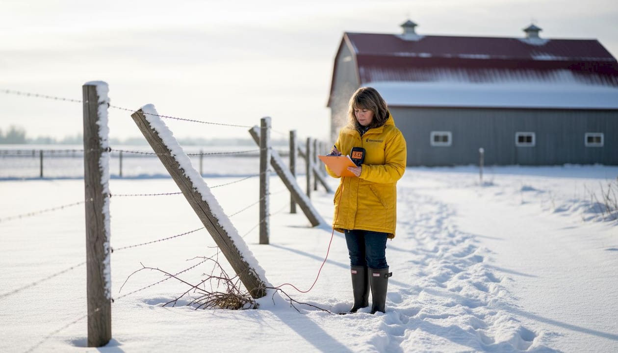 Woman checking electric fence after snowstorm