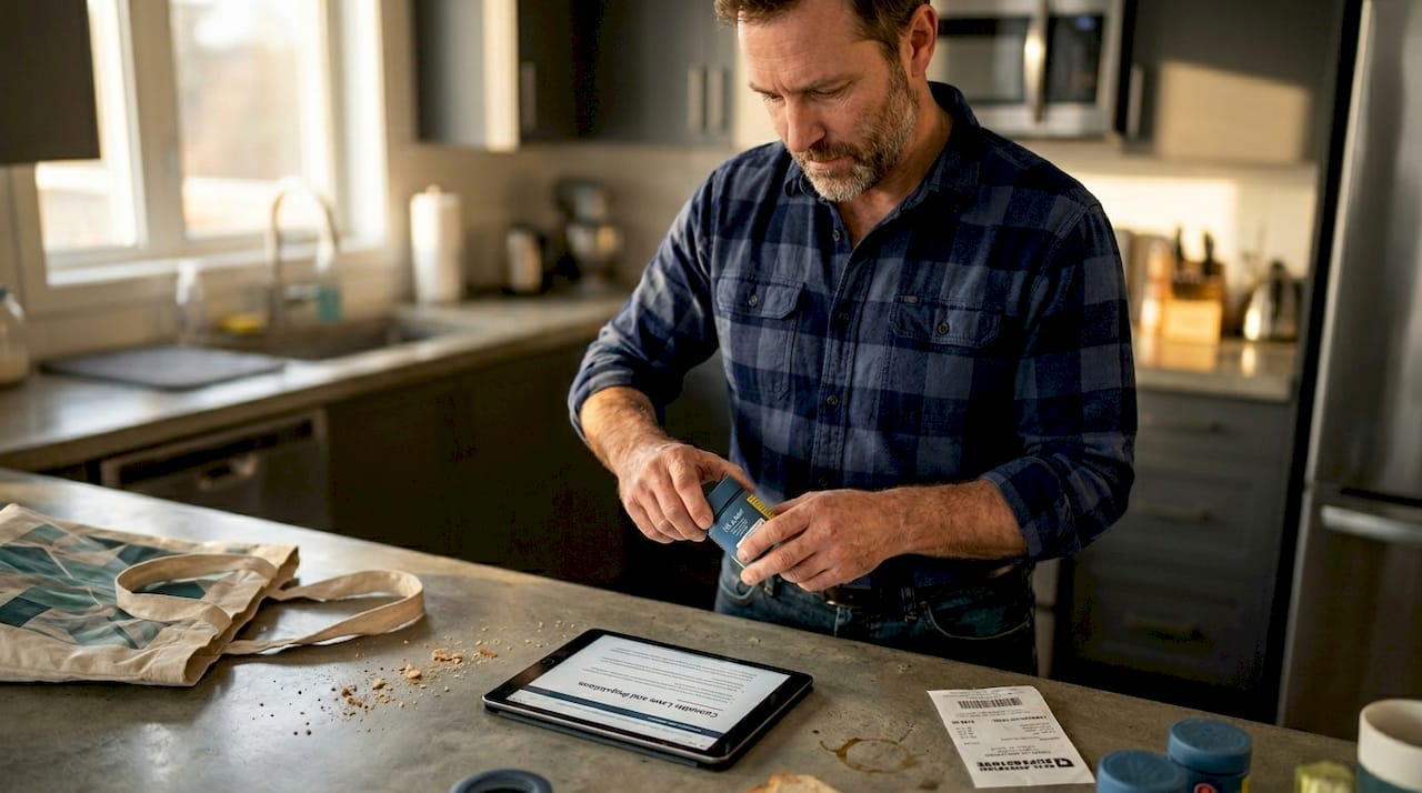 Man checking cannabis packaging label