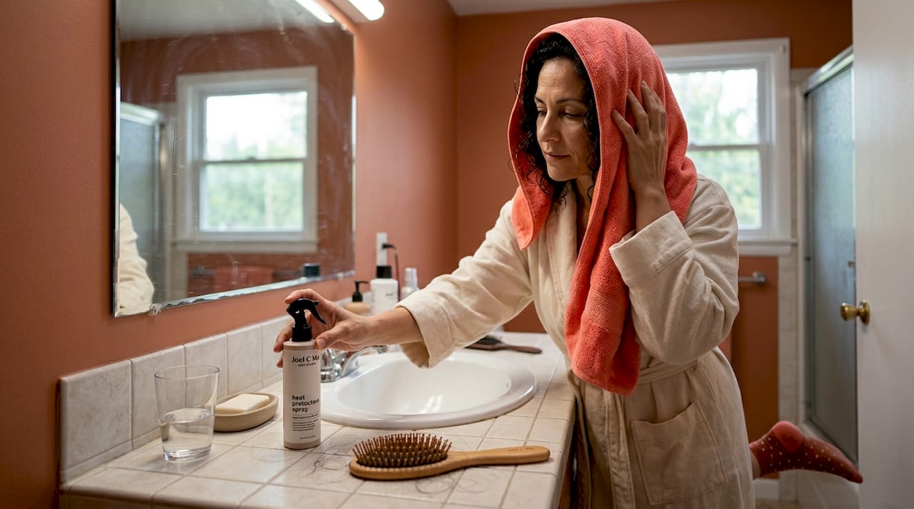 Woman preparing hair with heat protectant spray