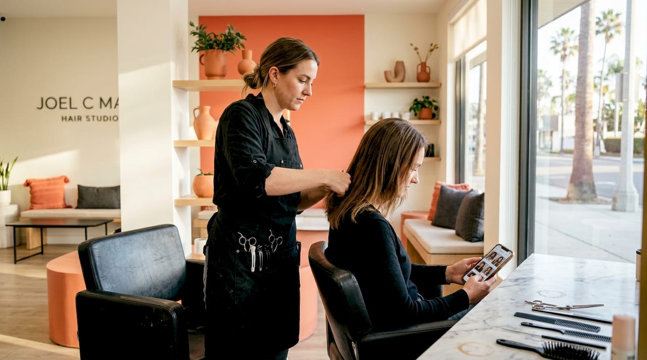 Hairstylist prepping client in modern studio
