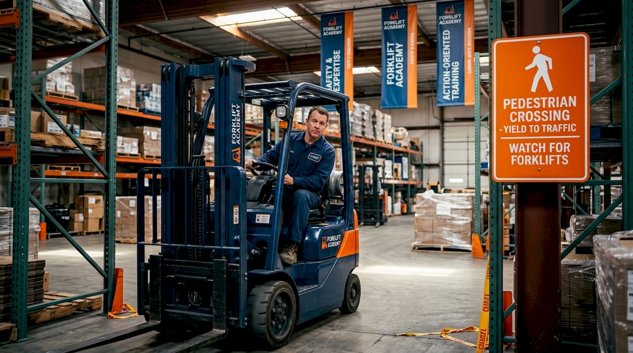 Forklift operator navigating warehouse blind spot