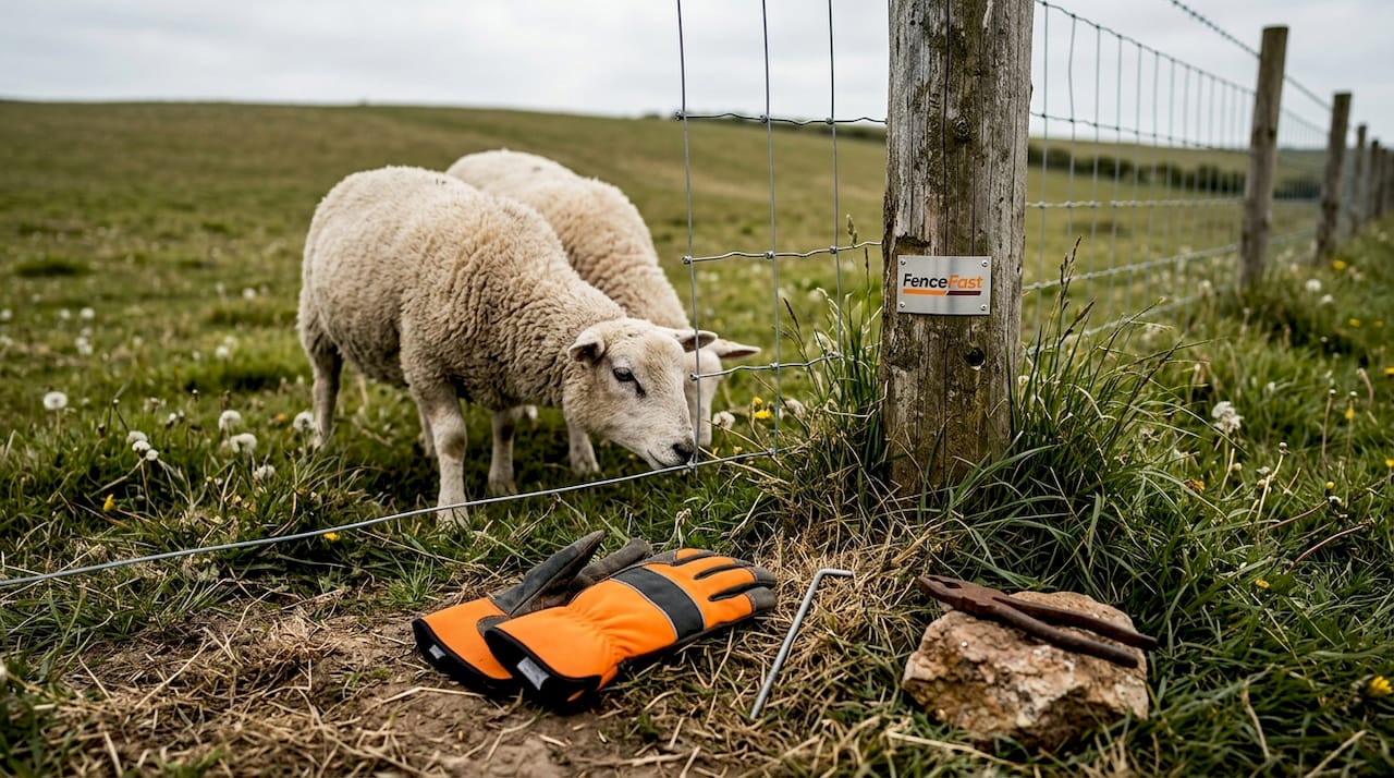 Sheep grazing near secure woven wire fence