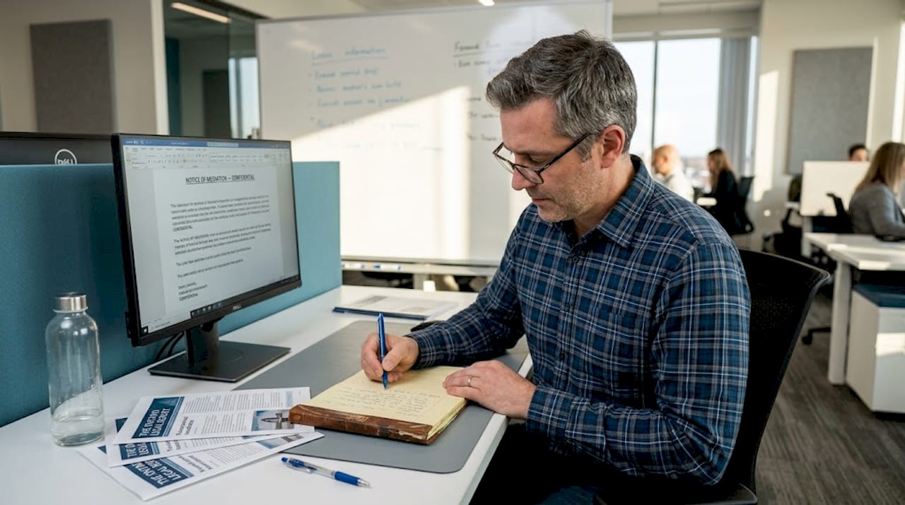 Man taking notes on cannabis legal notice in office