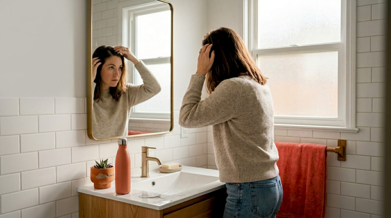 Woman examines scalp in bathroom mirror