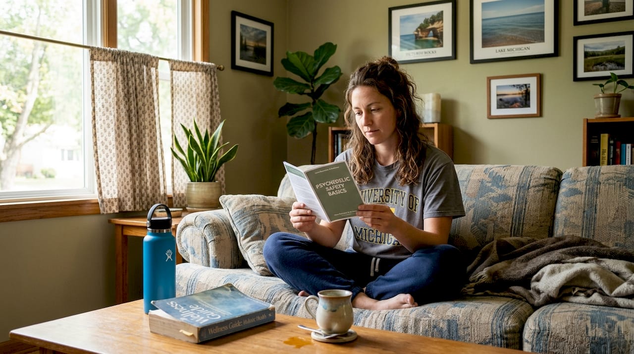 Woman reviews safe mushroom use guide