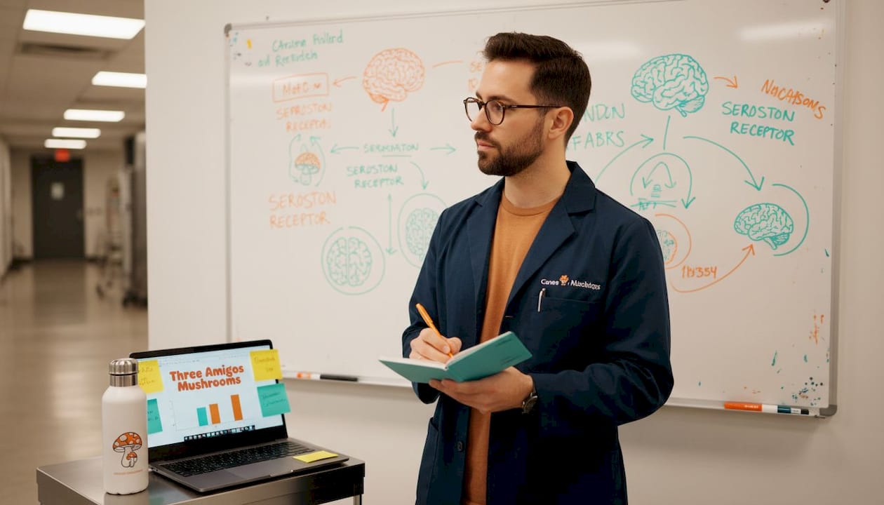 Neuroscientist reviewing brain serotonin pathway diagram