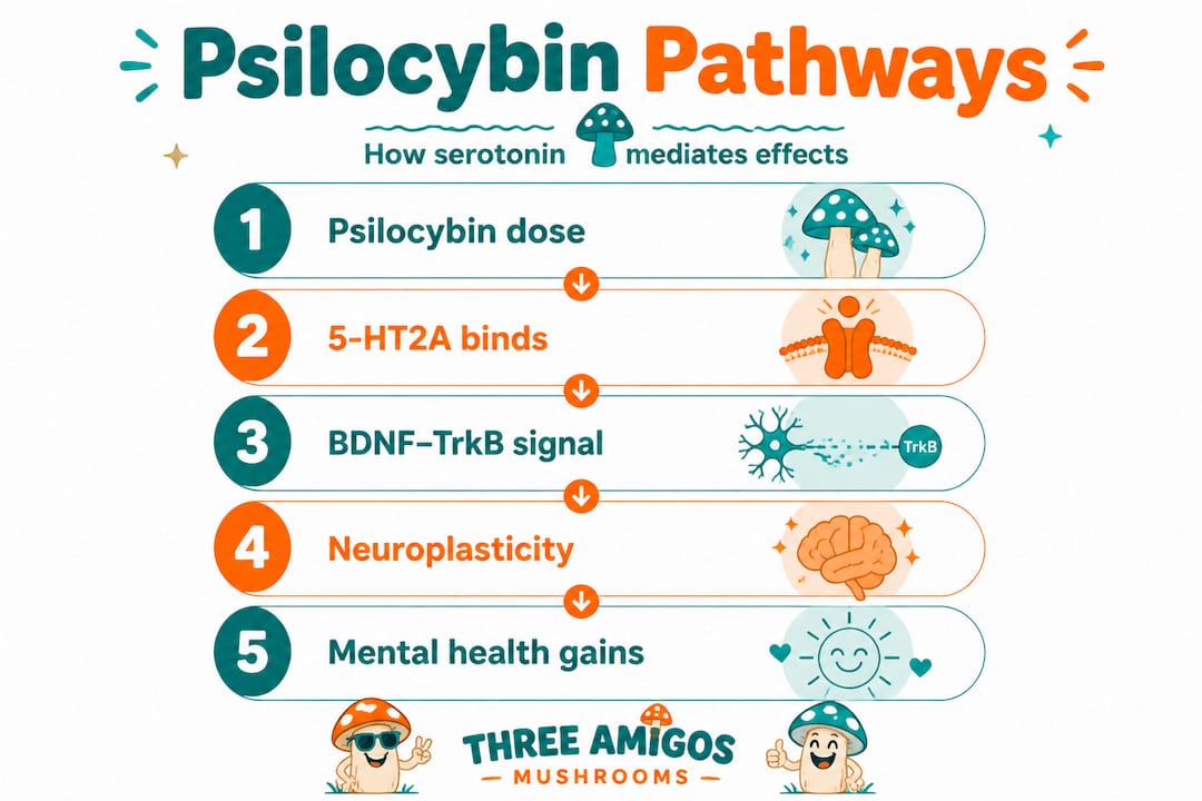Vertical infographic showing psilocybin serotonin pathway steps