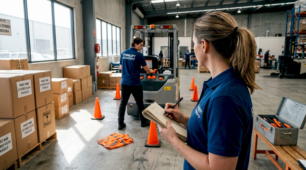 Forklift trainer observes safety simulation in progress