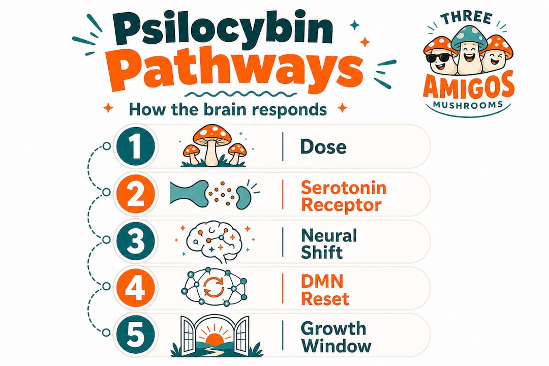 Infographic outlining psilocybin brain process steps