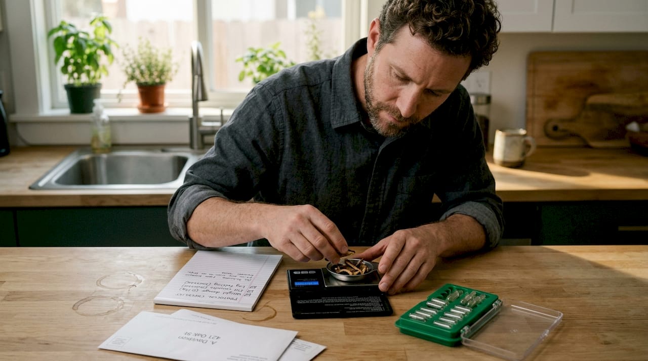 Man preparing tools for microdosing at kitchen