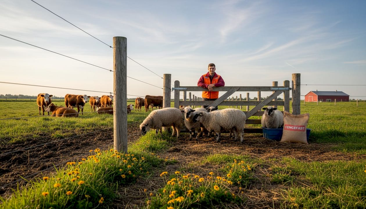 Fence dividing cattle and sheep pastures
