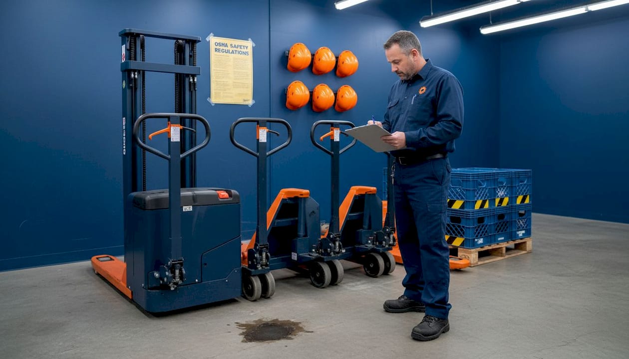 Supervisor inspecting lineup of warehouse pallet jacks