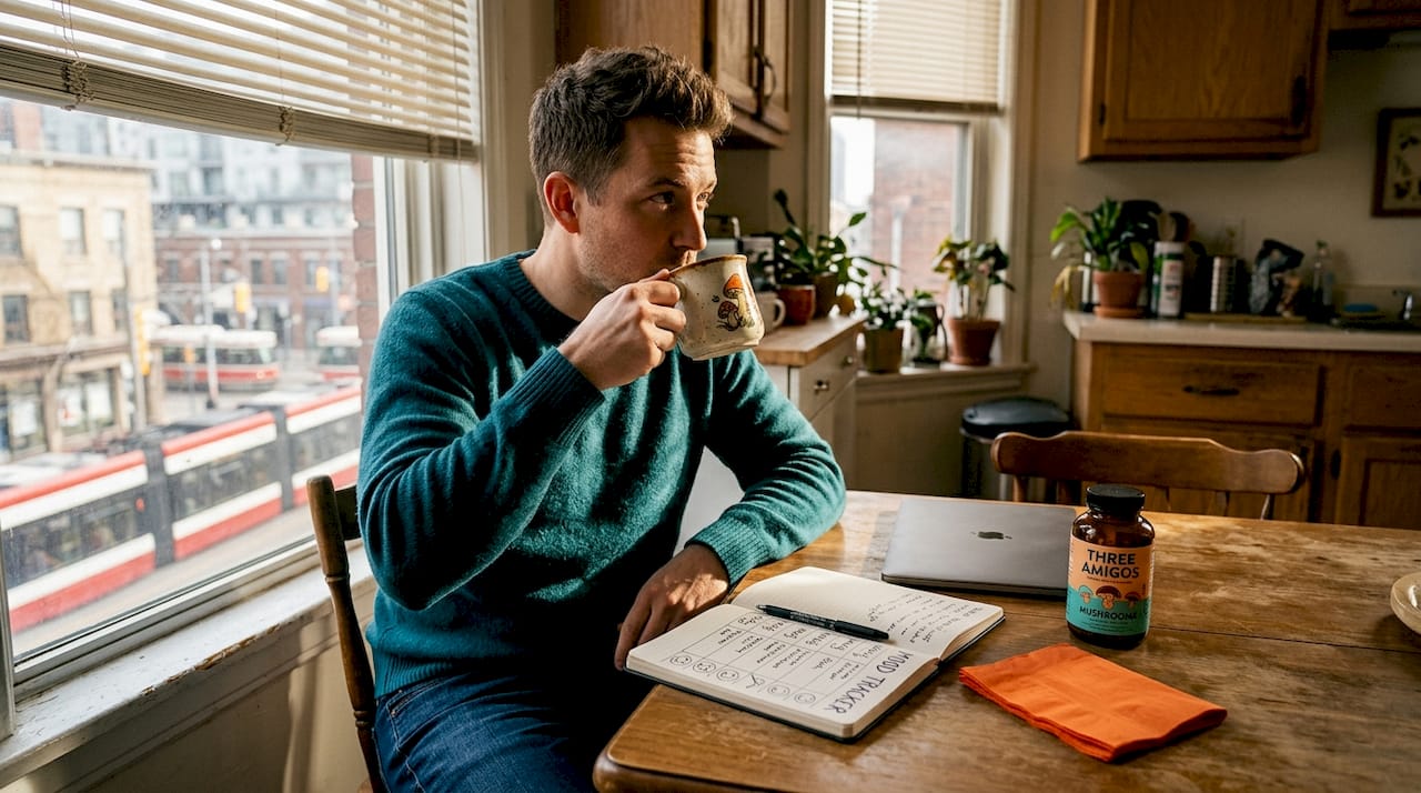 Man updating mood tracker at kitchen table