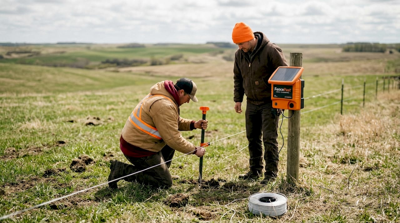 Farm workers installing portable electric fence